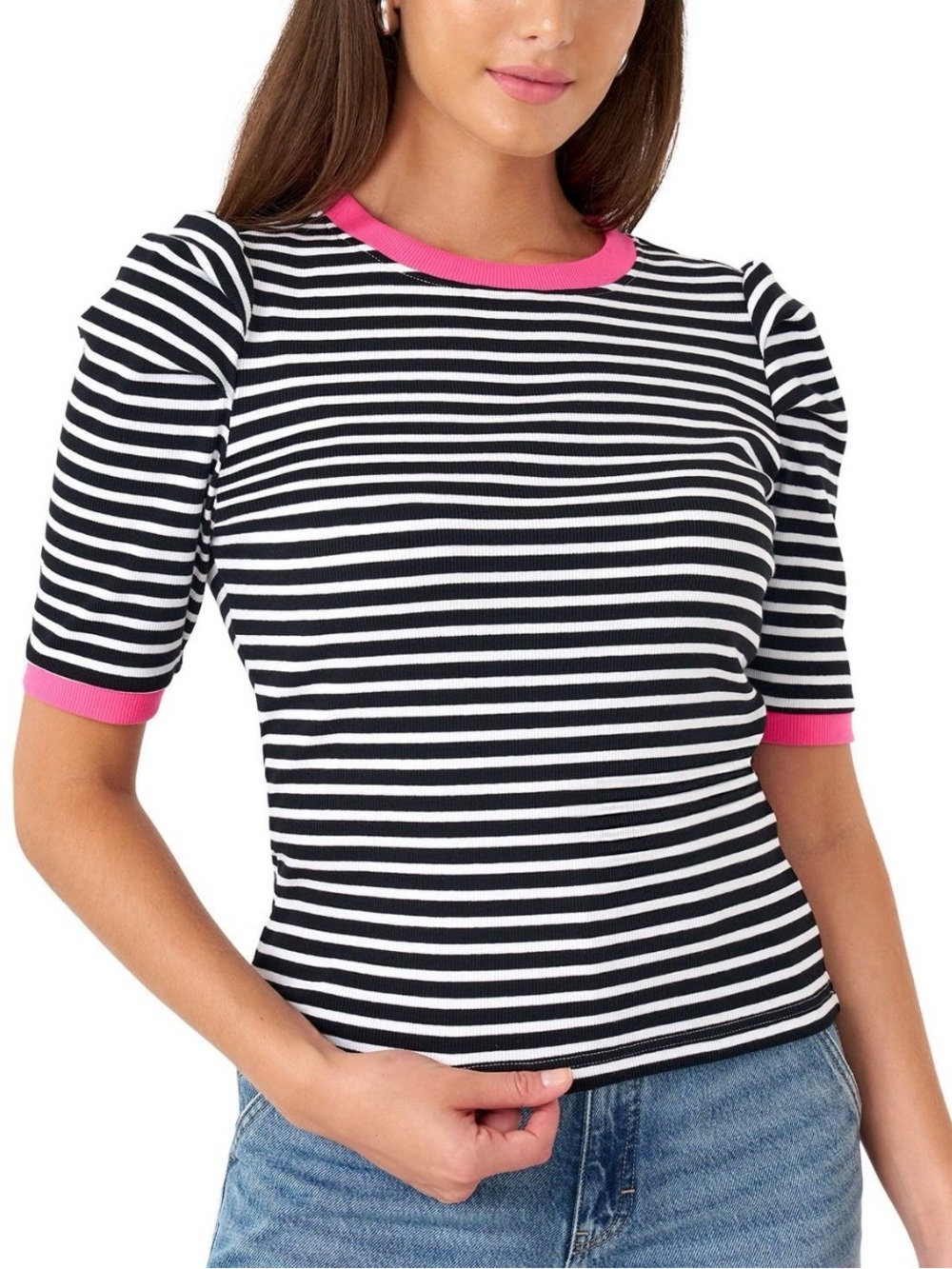 Rebecca minkoff medium & White Striped Swim Top with Pink Trim